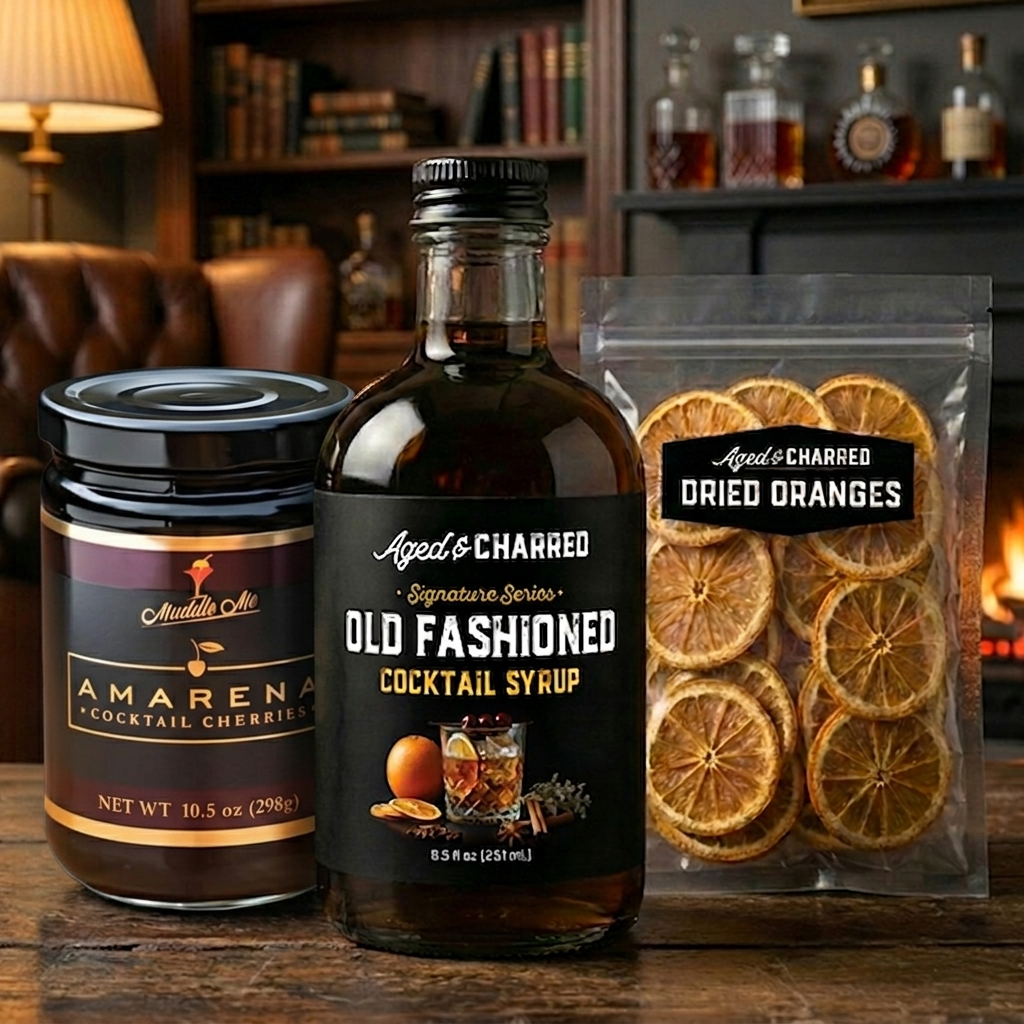 Aged & Charred Ultimate Old Fashioned Kit with mixing tools and syrup
